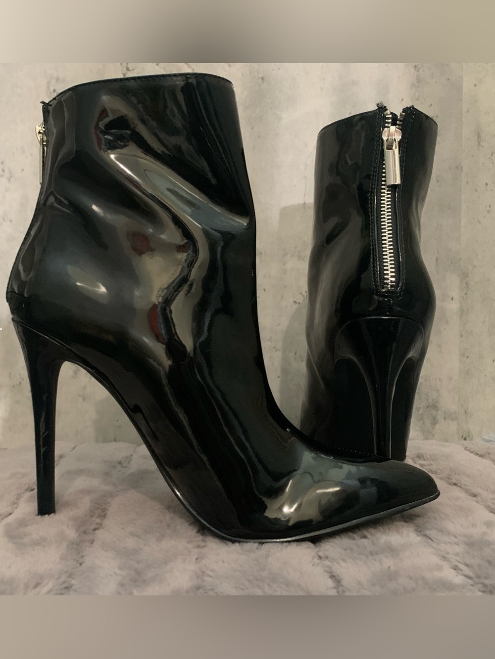 Black Patent Stiletto Ankle Boots with Back Zip